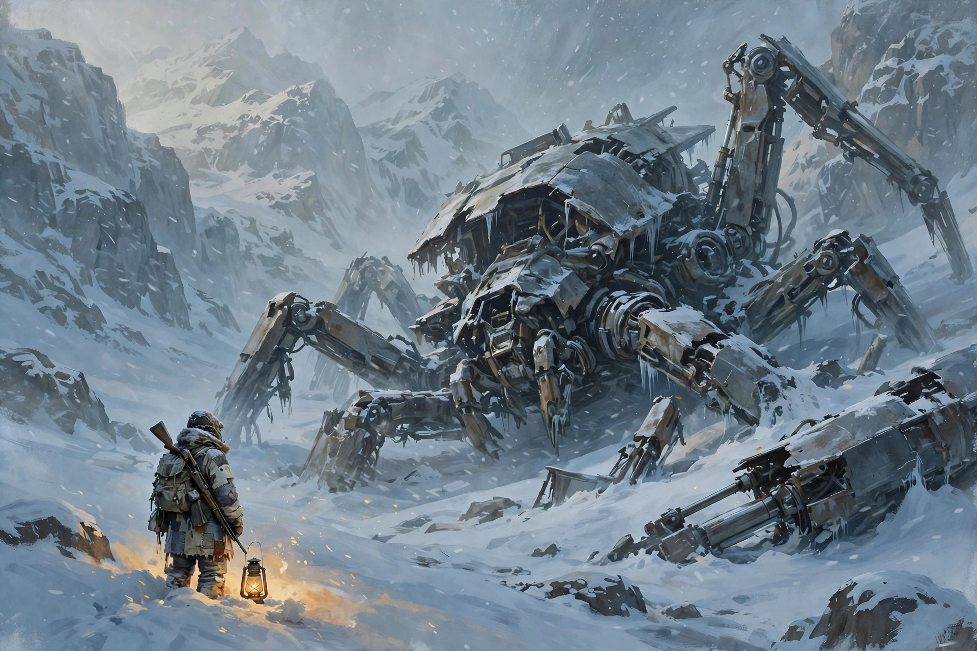 A raider with a lantern before a fallen ARC machine in a frozen pass